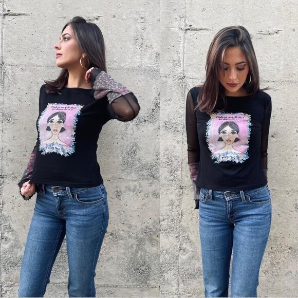 euro bell sleeve y2k micro mesh top - Picture 1 of 5